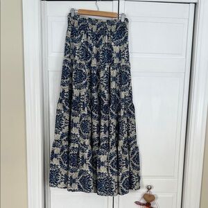 Blue and White Tiered Damask Floral Maxi Long Skirt Small